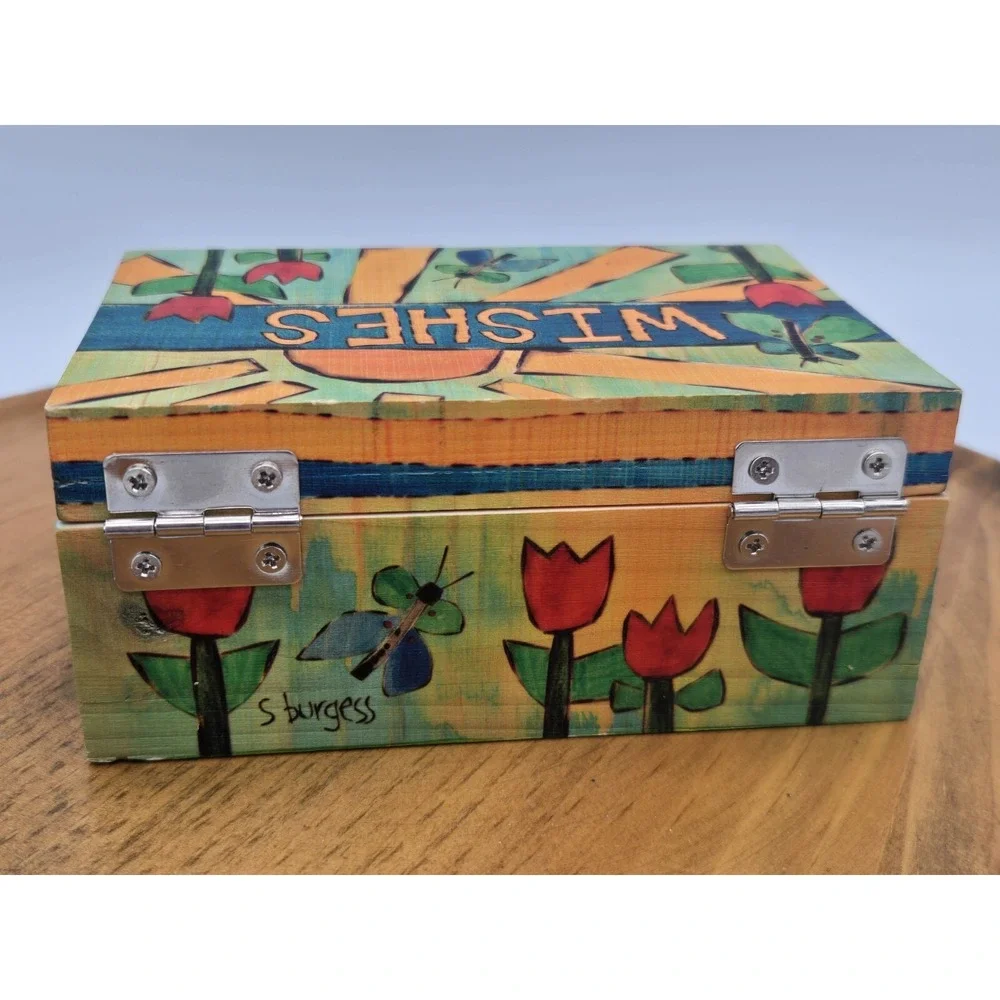 Stephanie Burgess Painted Peace Wood Trinket Box WISHES Butterflies Tulips 4.75